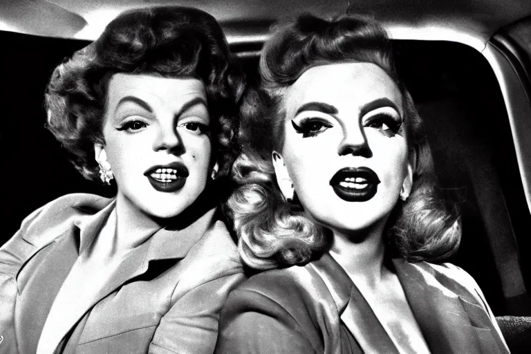 Prompt: judy garland and lady gaga in carpool karaoke, highly realistic, highly detailed, high resolution, 8 k 4 k,