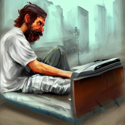 Image similar to homeless man gaming on a PC, expressive oil painting, digital art, matte art