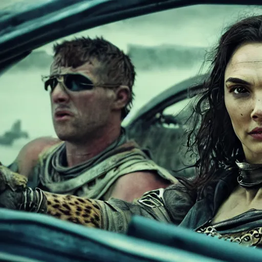 Image similar to a film still from the movie mad max fury road of the anthropomorphic cheetah raiders driving around in the post apocalyptic wasteland gal gadot