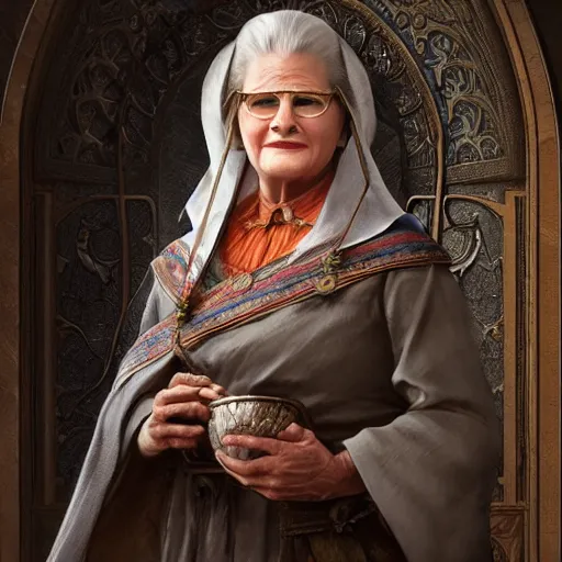 Prompt: mrs doubtfire as a cleric, d & d, fantasy, intricate, elegant, highly detailed, digital painting, artstation, concept art, matte, sharp focus, illustration, art by greg rutkowski and alphonse mucha