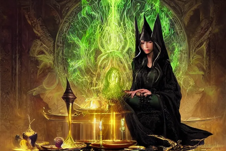 Prompt: a beautiful sorceress wearing a black robe with gold embroidery, sitting at table, casting a spell, green glows, painted by karol bak and artgerm, in the style of magic the gathering, highly detailed digital art