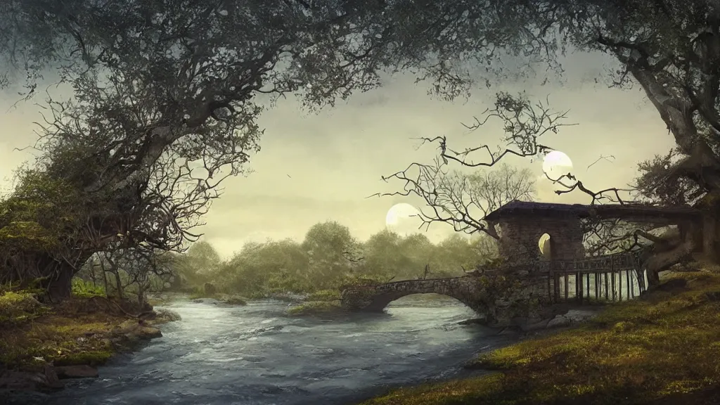 Image similar to small wooden cottage by the river, a tree with vines wrapped around it, two crows on the tree, tranquility, arch stone bridge over the river, an old man riding a horse on the bridge, sunset, by charlie bowater, by greg rutkowski