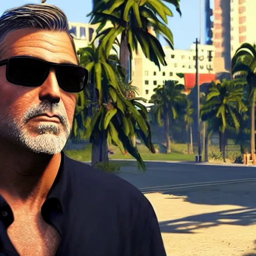 Prompt: george clooney in gta v. los santos in background, sunglasses, shallow depth of field, palm trees in the art style of stephen bliss