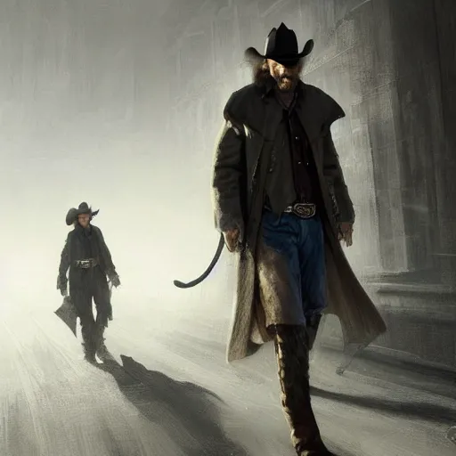 Image similar to portrait of a man with a long duster, grey hair and a cowboy hat walking in a western town, hard good looking face, middle aged, drawn by Ruan Jia, fantasy art, dramatic lighting, digital art, 8k, highly detailed