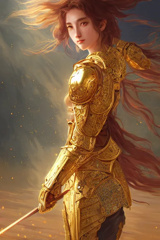 Image similar to knights of zodiac girl, golden and copper armor, karate fighting in ruined agora of athens sunrise, ssci - fi and fantasy, intricate and very very beautiful and elegant, highly detailed, digital painting, artstation, concept art, smooth and sharp focus, illustration, art by tian zi and wlop and alphonse mucha