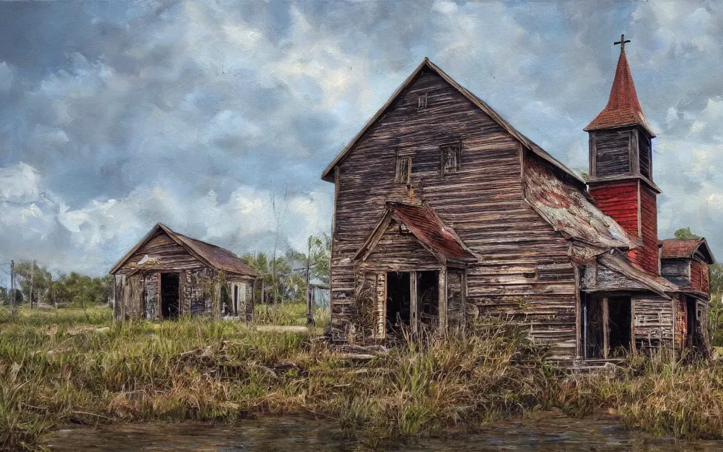 Prompt: an old wooden church rotting away in the bayou, realistic, oil painting, dynamic composition, ultra detailed