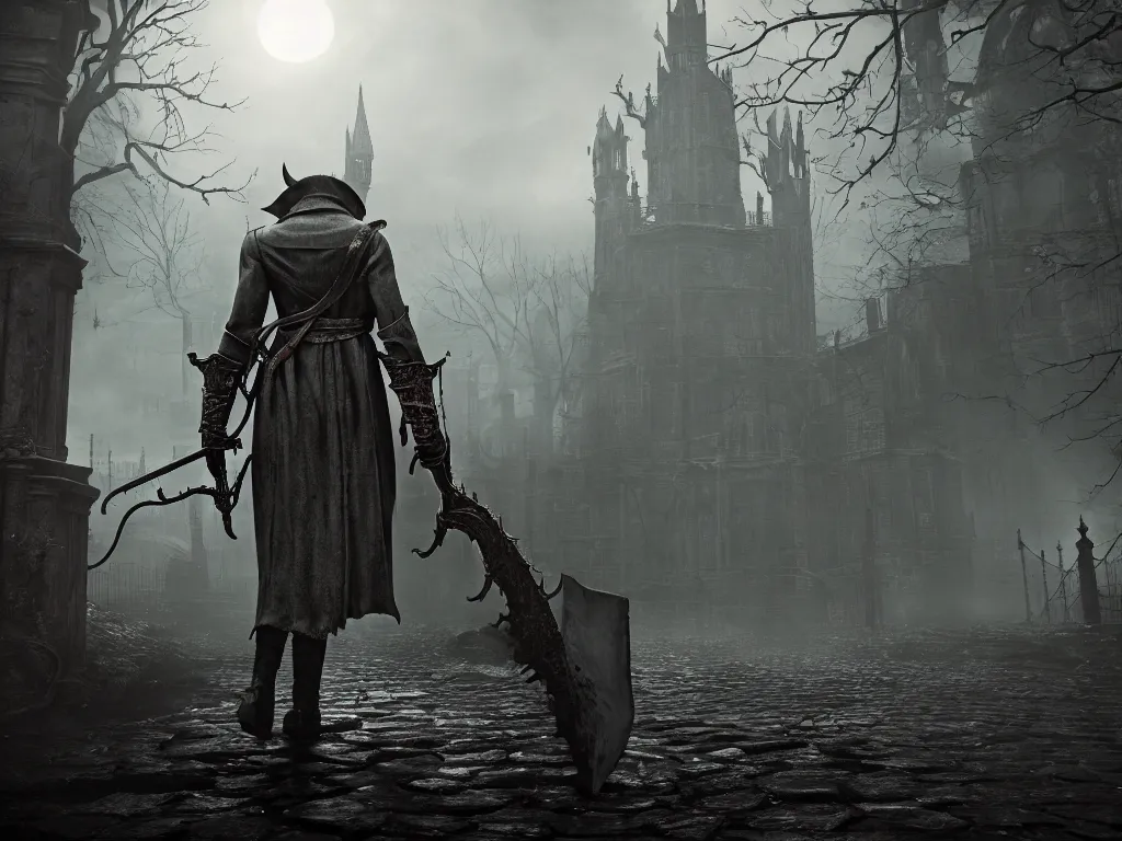 Image similar to bloodborne 2, dark, nighttime, victorian england style, horror, grotesque, serene, haunting, heavy atmosphere, claustrophobic, insanity, High Definition detail, 8K