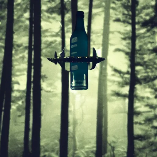 Prompt: grainy photograph of a bottle-shaped UFO flying above a forest