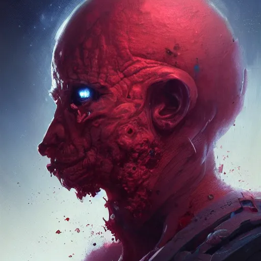 Image similar to scifi portrait by Greg Rutkowski, a person infected with a kind of reddish silt that is sprouting from all over his body, violent and vicious appearance, scifi, space horror, digital painting, artstation, concept art, smooth, sharp foccus ilustration, Artstation HQ.