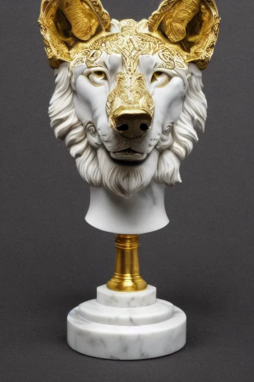 Image similar to a white marble bust of a wolf with gold filigree