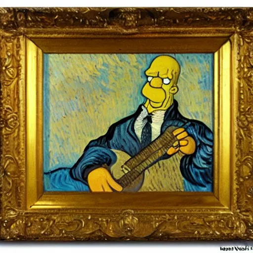 Image similar to a beautiful oil painting of homer simpson, 8k , award winning , made in 1800's , old , painted by vincent van gogh