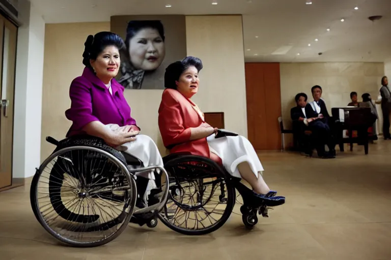 Image similar to imelda marcos in a wheelchair being tried at the International Criminal Court, photographed by Steve McCurry