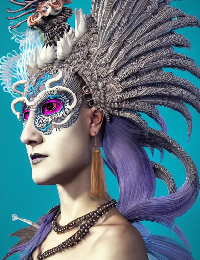 Image similar to 3 d goddess close - up profile portrait punk with mohawk with ram skull. beautiful intricately detailed japanese crow kitsune mask and clasical japanese kimono. betta fish, jellyfish phoenix, bio luminescent, plasma, ice, water, wind, creature, artwork by tooth wu and wlop and beeple and greg rutkowski