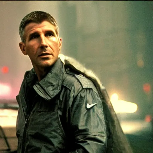 Image similar to film still blade runner Officer Deckard wearing Nike ACG techwear