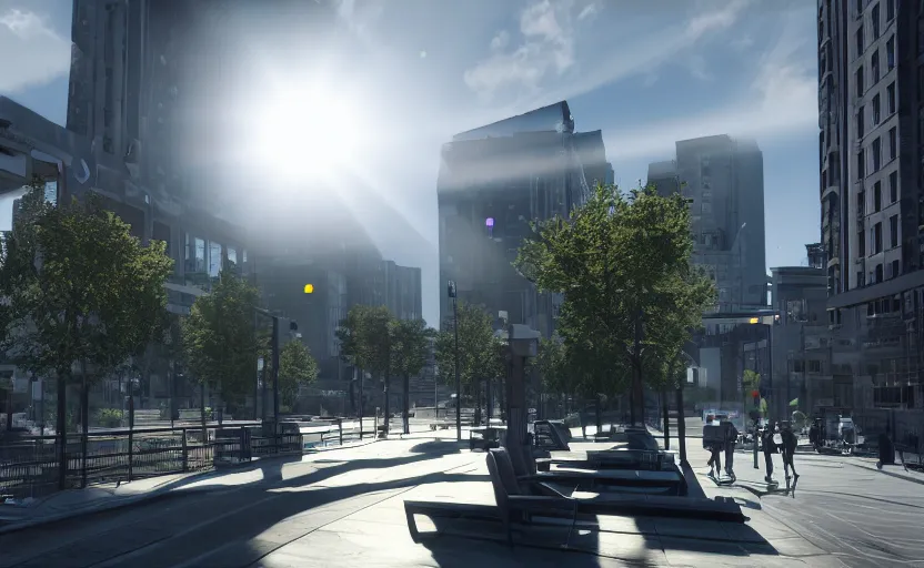 Prompt: photorealistic Area 18 city district. daylight. sunlight. lens flare. light fixtures. 8K. detailed. photorealism. artstation. 25mm f/1.7 ASPH Lens. ultra realistic