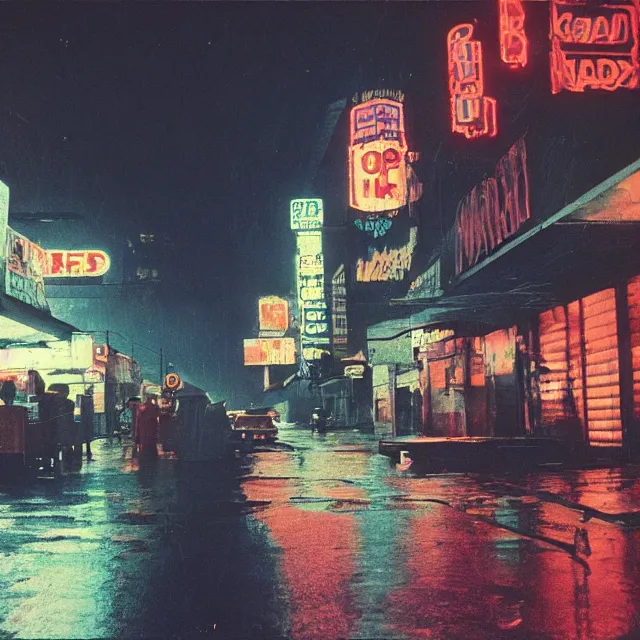 Image similar to kodachrome photograph, saturated photo, 1 9 6 7 cyberpunk city during a melancholy rainy night