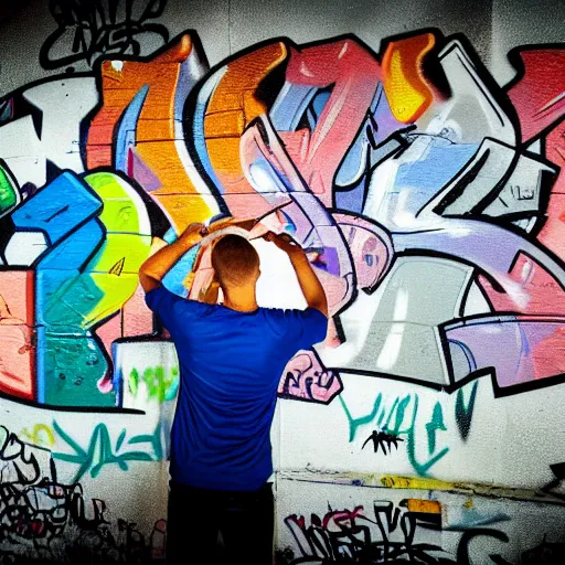 Prompt: portrait photograph of a man painting graffiti wall art portraying a silly guy, dusk professional studio photography, dramatic lighting, intricate details