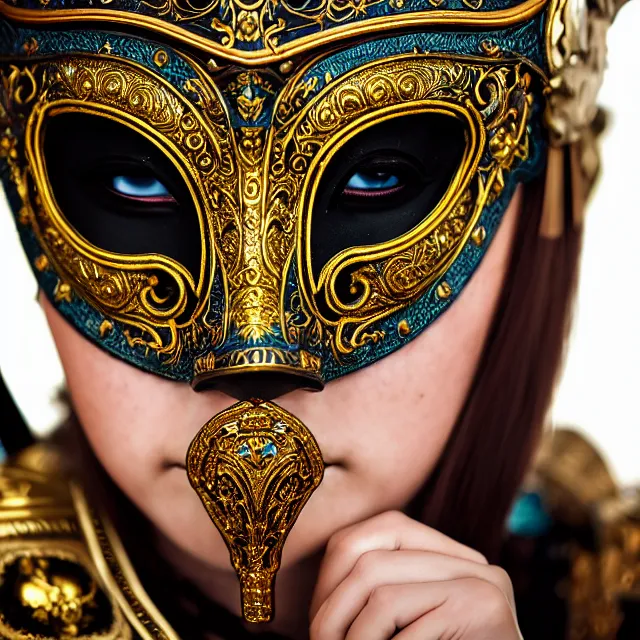 Image similar to portrait photo of a female warrior with ornate venetian mask highly detailed, 4 k, hdr, close up, portrait, smooth, sharp focus, high resolution, award - winning photo