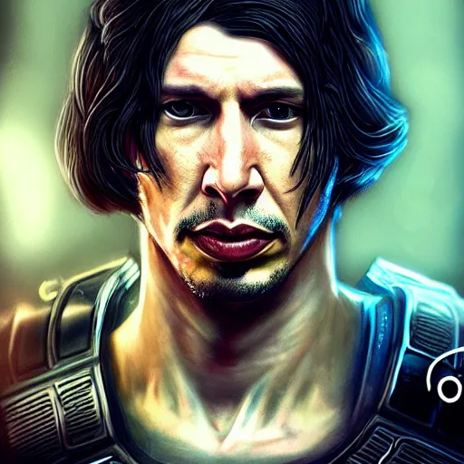 Image similar to adam driver portrait, dystopia core, apocalyptic, armor, warrior, dramatic, sharp focus, fiction, neon, fantasy, hyper detailed, digital art, trending in artstation, cinematic lighting, studio quality, smooth render, unreal engine 5 rendered, octane rendered, art style and nixeu and wlop and krenz cushart