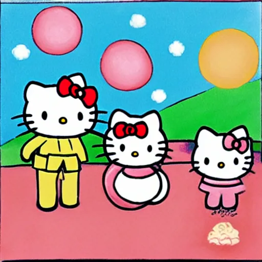 Prompt: painting of hello kitty and hello kitty friends and sanrio characters and playing outside on a sunny day, adventures of hello kitty and friends, by yoko shimizu, by sanrio