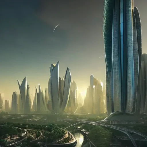 Prompt: futuristic utopian metropolis, masterpiece, spiral skyscrapers!!!!, white buildings, golden sunset, green trees, hanging gardens, red planet in the sky, utopia, high quality, beautiful design, scifi, 4 k, high detail, street view, trending on artstation, art by leon tukker