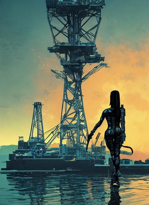 Prompt: cyberpunk cartel assassin on tactical skiff. burning oil rig in the background. portrait illustration, pop art, art by ashley wood, alphonse mucha, laurie greasley and josan gonzalez. cinematic. dynamic lighting. realistic proportions. creative design. cell shading. machete