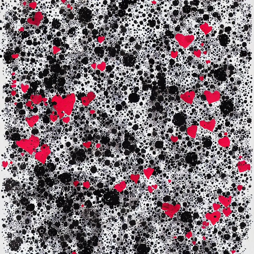 Image similar to camo made of teeth, smiling, abstract, rei kawakubo artwork, cryptic, dots, stipple, lines, splotch, color tearing, pitch bending, color splotches, hearts, dark, ominous, eerie, minimal, points, technical, old painting