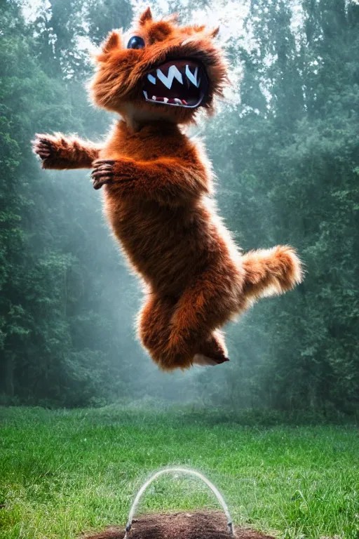 Image similar to A little furry cute monster is excited jumping over a mound in a misty forest, 4k, 8k