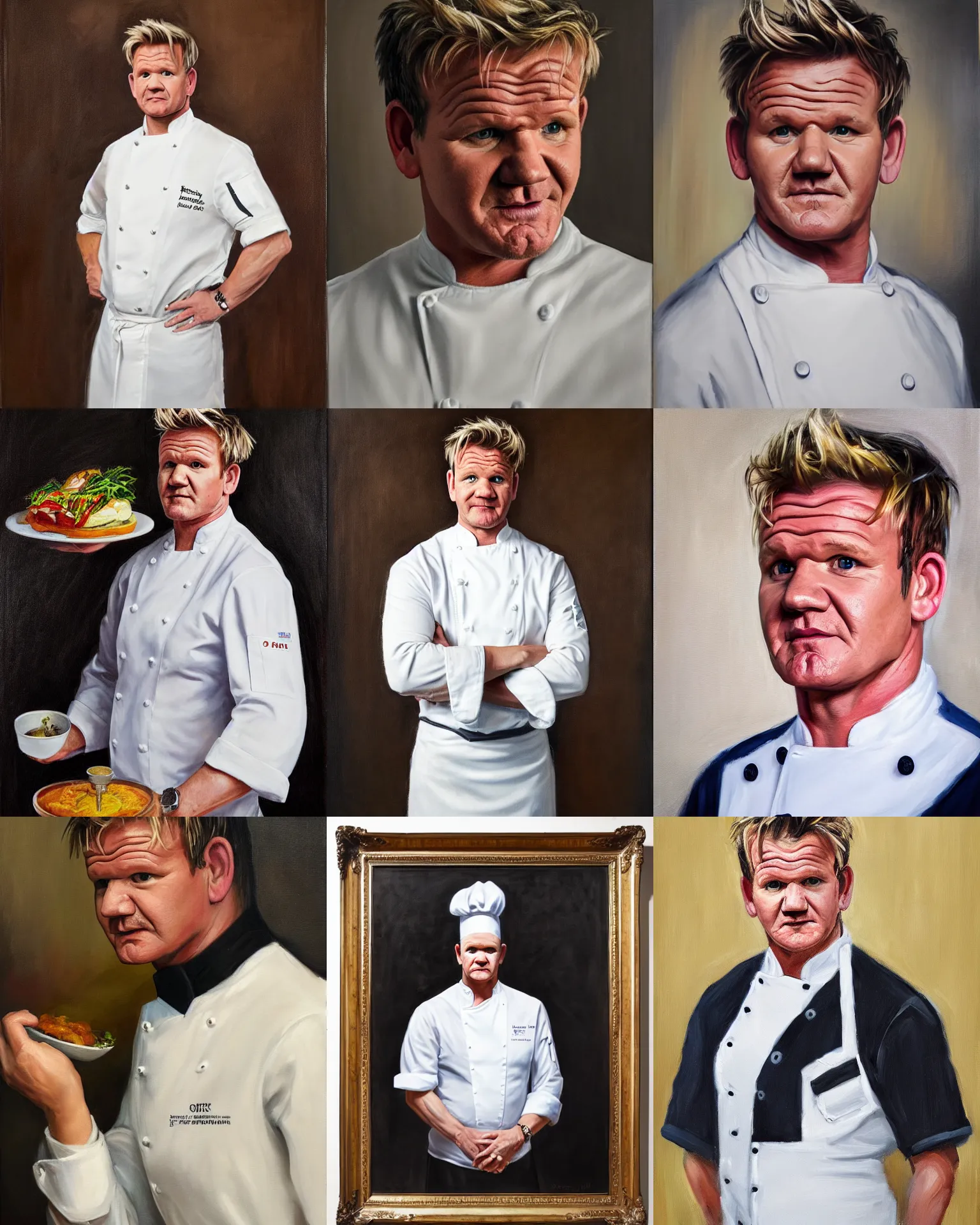 Prompt: A portrait of Gordon Ramsay wearing a chef uniform, oil on canvas, classicism style