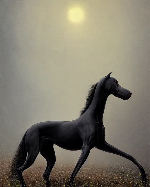 Image similar to painting of hybrid between black weimaraner & black stallion horse! & intercrossed animal, by zdzislaw beksinski, by mattias adolfsson, concept art, single object scene, beautiful composition, 8 k, digital painting