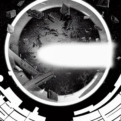 Prompt: logo black hole with accretion disk rises above the city destroying it with a shockwave, digital art, black and white, vector sticker, art by greg rutkowski, gonzalo fuenmayor, asher brown durand