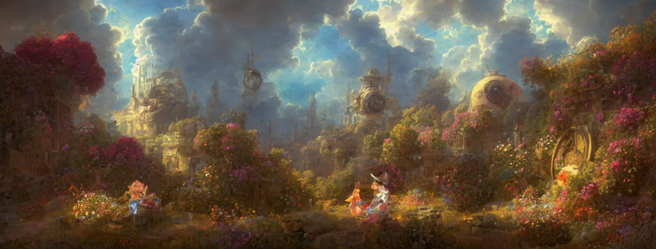 Image similar to a beautiful landscape painting of steampunk landscape, a junk nebula in the sky, galaxies visible, old buildings and colourful flowers, a tiny girl looking on with her talking cat, by jean - honore fragonard and don bluth and makoto shinkai, light rays, trending on artstation, octane render