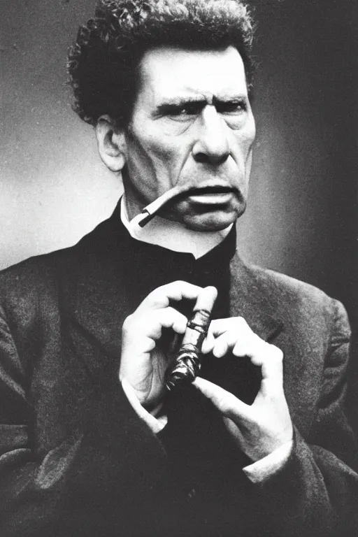 Image similar to portrait of kramer from senfeld, smoking a pipe, atmospheric, black and white