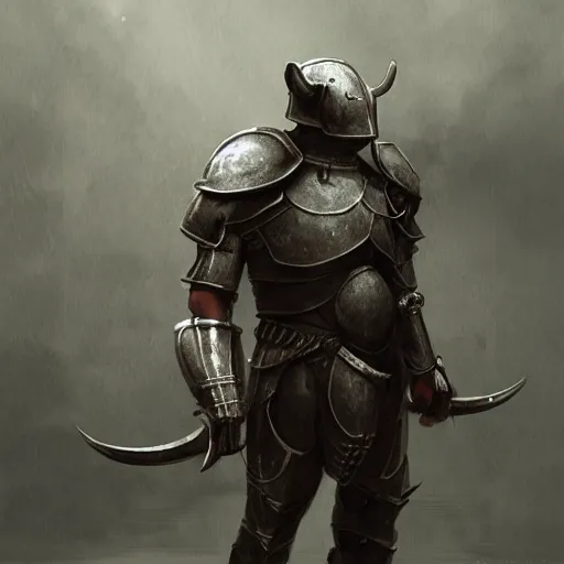 Prompt: minotaur wearing medieval suit of armor, illustration, concept art, art by wlop, dark, moody, dramatic