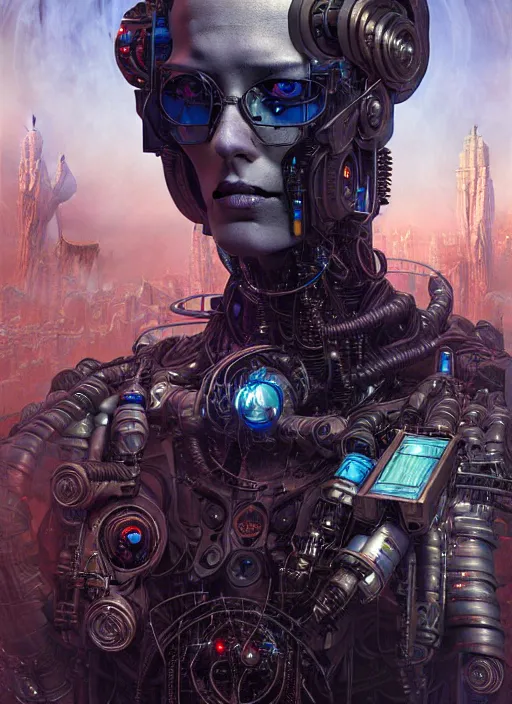 Image similar to portrait of a cyborg, hyper detailed masterpiece, dystopian background, jean giraud, digital art painting, darkwave goth aesthetic, lovecraftian, artgerm, donato giancola and tom bagshaw