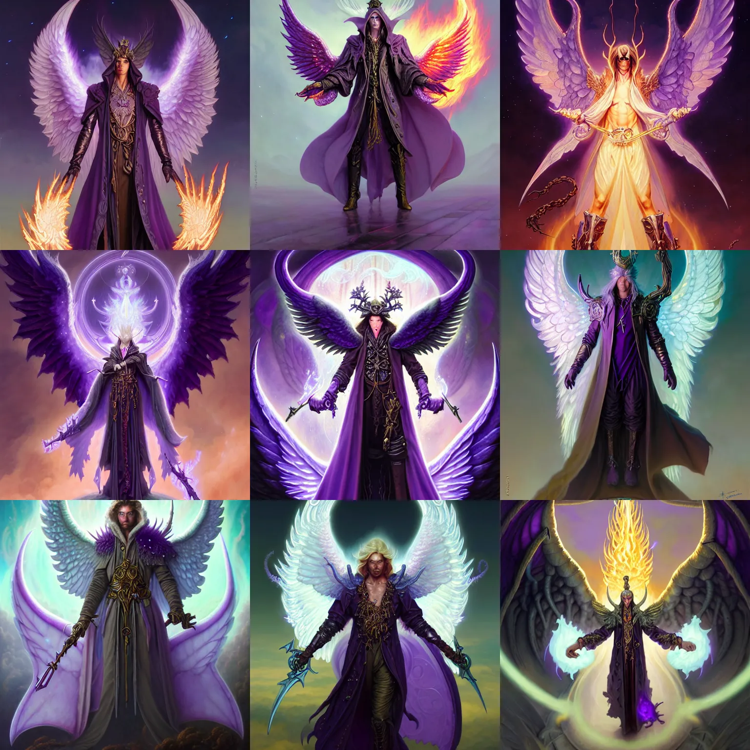 Prompt: fantasy character portrait, amethyst longcoat male warlock with burning angel wings, ultra realistic, wide angle, intricate details, aurora artifacts, highly detailed by peter mohrbacher, hajime sorayama, wayne barlowe, boris vallejo, aaron horkey, gaston bussiere, craig mullins