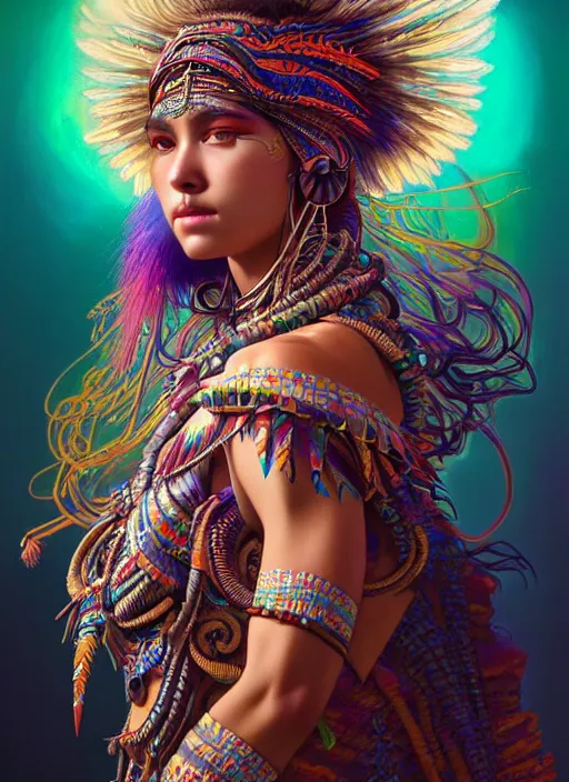 Image similar to hyper detailed ultra sharp of a beautiful tribal shaman trance girl. trending on artstation, warpaint aesthetic, earthwave, colorful, psychedelic, ornate, intricate, digital painting, concept art, smooth, sharp focus, illustration, art by artgerm and greg rutkowski and alphonse mucha, 8 k