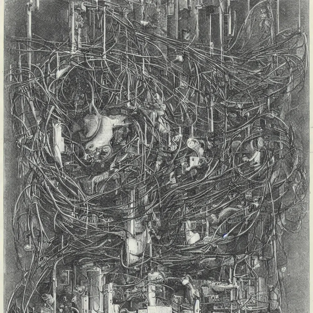 Prompt: An engraving by Max Ernst of a bird's head in a datacenter, cables, pipes, oil, computers, 1929