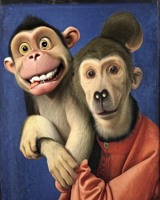 Image similar to goofy monkey and his goofy dog, cross eyed, high detail realistic renaissance portrait painting