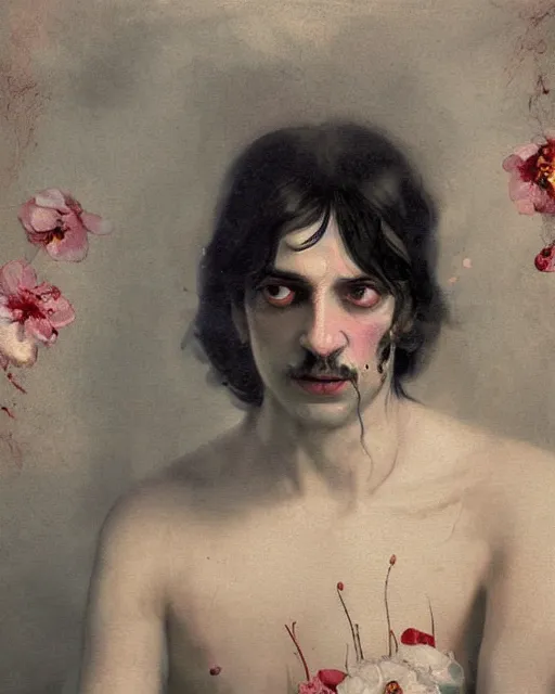 Prompt: a beautiful and eerie baroque painting of a beautiful but serious man in layers of fear, with haunted eyes and dark hair, 1 9 7 0 s, seventies, floral wallpaper, wilted flowers, a little blood, morning light showing injuries, delicate embellishments, painterly, offset printing technique, by robert henri, walter popp, alan lee