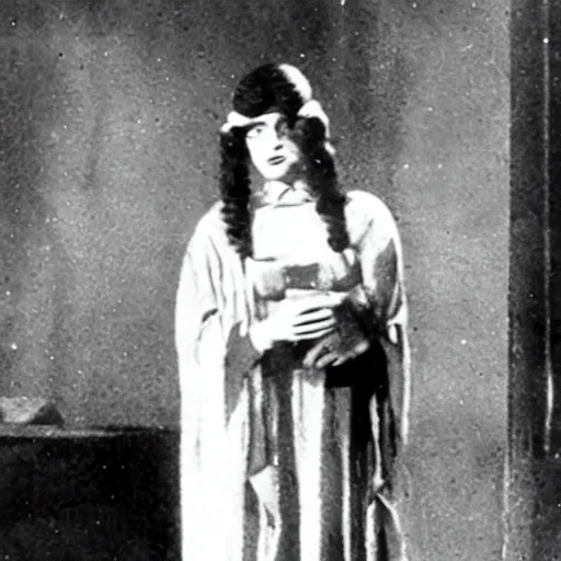 Prompt: still from old 10\'s movie Matrix (1912) actress playing Trinity (silent)