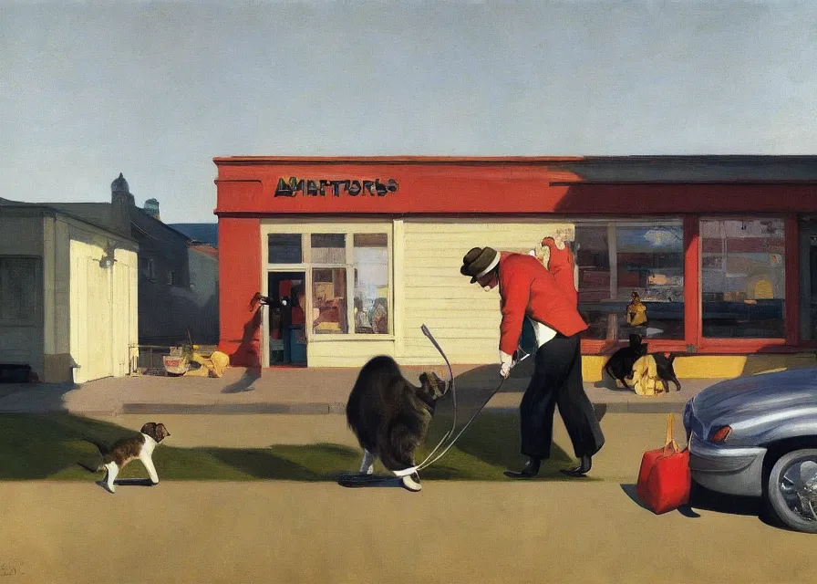 Image similar to a brownish gray tabby cat walking on its hind legs like a human shopping at costco, american realism style, edward hopper, george bellows, bo bartlett, jamie wyeth