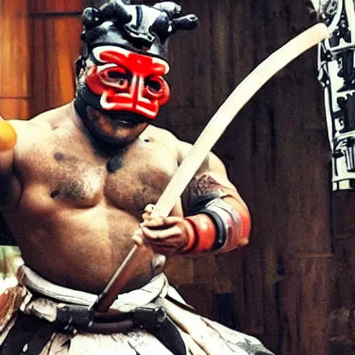 Image similar to big buff very strong very buff samurai wearing a cybernetic oni mask, movie still
