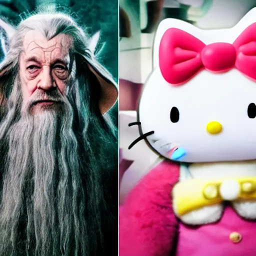 Image similar to portrait of gandalf, Hello Kitty headgear, holding a blank playing card up to the camera, movie still from the lord of the rings