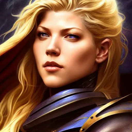 Image similar to beautiful Katheryn Winnick as Super Girl, western, closeup, D&D, fantasy, intricate, elegant, highly detailed, digital painting, artstation, concept art, matte, sharp focus, illustration, art by Artgerm and Greg Rutkowski and Alphonse Mucha