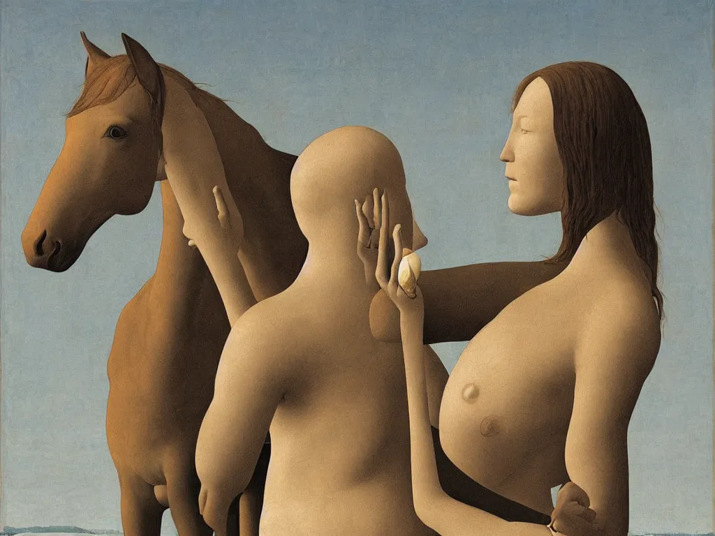 Prompt: Woman embracing horse. White water jug. Painting by Alex Colville, Piero della Francesca.