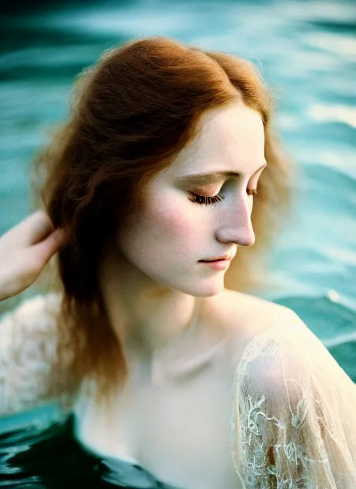 Prompt: Kodak Portra 400, 8K, soft light, volumetric lighting, highly detailed, sharp focus,britt marling style 3/4, Close-up portrait photography of a beautiful woman how pre-Raphaelites a woman with her eyes closed is surrounded by water , with the nape in the water, she has a beautiful lace dress and hair are intricate with highly detailed realistic beautiful flowers , Realistic, Refined, Highly Detailed, natural outdoor soft pastel lighting colors scheme, outdoor fine art photography, Hyper realistic, photo realistic