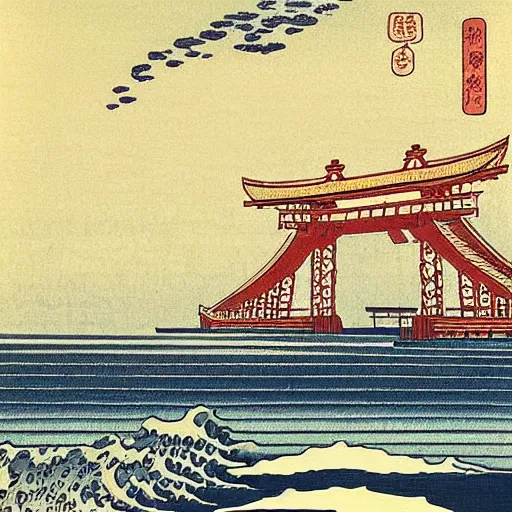 Image similar to “ west pier in brighton in the style of a woodblock print by the japanese ukiyo - e artist hokusai ”