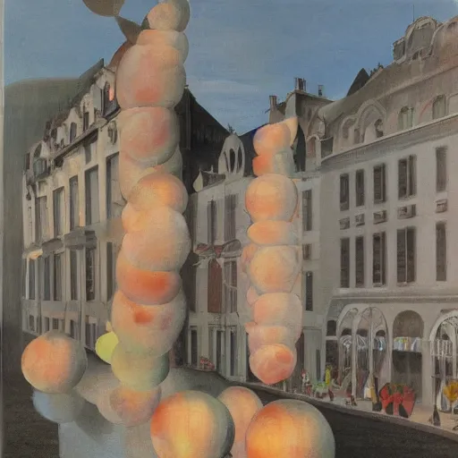 Prompt: giant floating peach, brussels, rene magritte