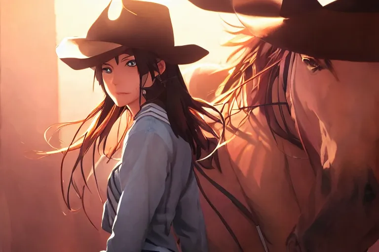 Image similar to western cowgirl smouldering, single centered subject, mid shot, ambient lighting, detailed face, by makoto shinkai, stanley artgerm lau, wlop, rossdraws